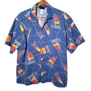 Vintage 1990s Hobie Cat Sailboat Shirt M Blue Rainbow Sail Sailing Beach Party